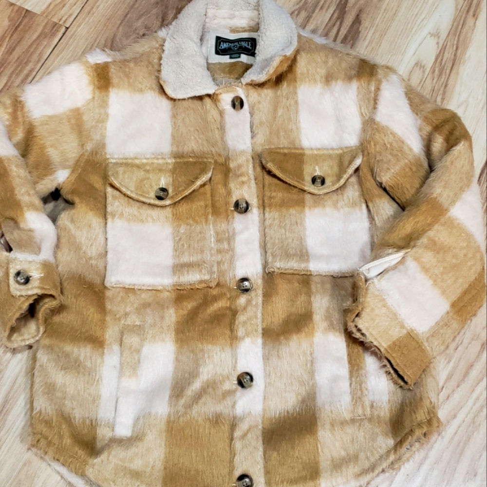 American Eagle Terry Lined Tartan Women Med Sherpa Collar Barn Coat Cabincore